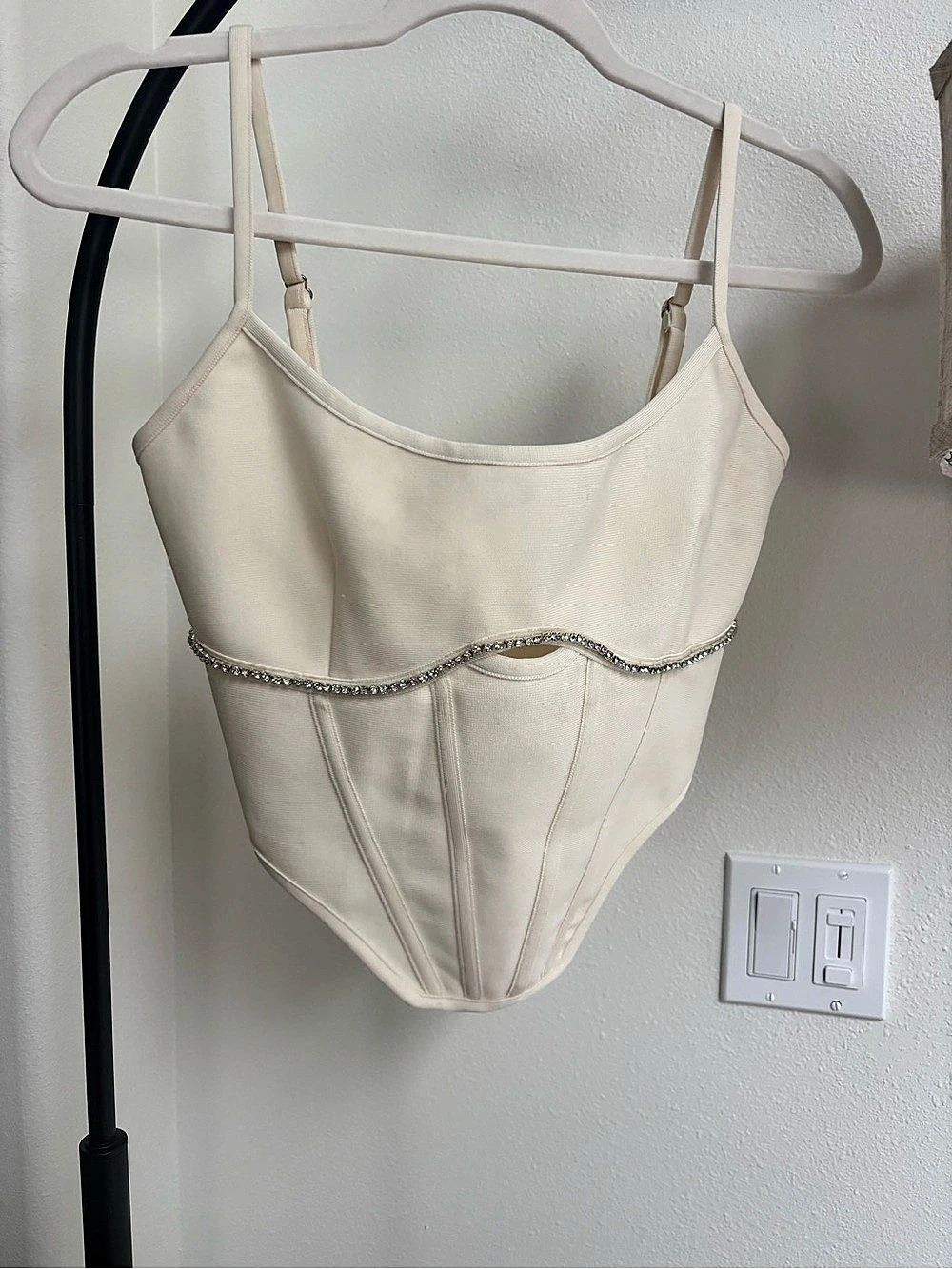 Superdown Gia Corset Top Rhinestone Trim Bodysuit Cream Medium